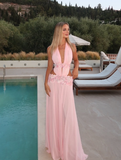 Pink A Line V Neck Floral Chiffon Open Back Prom Dress Evening Dress HZ1023