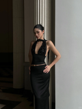 Sexy Two Piece Sheath Halter Black Sequin Satin Prom Dress Evening Dress Formal Gown HZ1023
