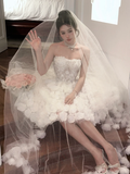 Exquisite 3D Floral A Line Strapless White Tulle Short Cocktail Dress Homecoming Dress HZ1023