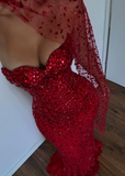 Sexy Red Sheath Strapless Beaded Tulle Prom Dress HZ1023