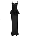Sexy Sheath Spaghetti Strap Black Chiffon Long Prom Dress Evening Dress HZ1023