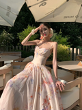 Gentle Pink A Line Spaghetti Strap Print Floral Satin Prom Dress Party Dresses HZ1023