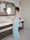 Baby Blue Sheath Strapless Layered Lace Tulle Prom Dress Evening Dress HZ1023