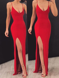 V Neck Spaghetti Straps Red Elastic Satin Slit Long Prom Dresses HZ1023