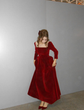 Red A Line Long Sleeve Pearl Velvet Long Prom Dress Formal Dress Party Dress HZ1023