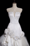 Gentle Mermaid Halter White Floral Satin Tulle Long Wedding Dress HZ1023