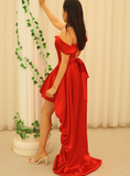 Sexy A Line Off the Shoulder Corset Red Satin Long Short Prom Dress Evening Dress HZ1023