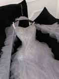 Romantic A Line Strapless Beaded Ruffle Grey Tulle Party Dress Evening Dress HZ1023