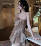 Romantic Brown A Line V Neck Layered Tulle Short Homecoming Dress Cocktail Dress HZ1023