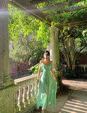 Charming Green A Line Spaghetti Strap Ruffle Chiffon Long Prom Dress Party Dress HZ1023