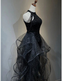 Shiny Halter Sequin Tulle Layered Long Prom Dress Black Evening Dress Wedding Dress HZ1023