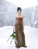 Unique Sheath Strapless Butterfly Brown Satin Chiffon Long Party Dress Evening Dress HZ1023
