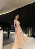 Apricot A Line Spaghetti Strap Sequin Chiffon Long Prom Dress Date Dress HZ1023