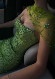 Green Sheath Strapless Rhinestone Tulle Prom Dress Evening Dress HZ1023