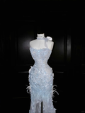 Baby Blue Mermaid Sweetheart Neck Beaded Feathder Tulle Prom Dress Evening Dress HZ1023