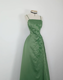 Retro A Line Spaghetti Strap Green Beaded Satin Long Evening Dress Party Dress HZ1023