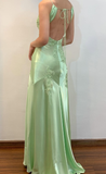 Green Mermaid V Neck Appliques Satin Open Back Long Prom Dress Outfits HZ1023