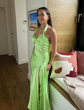 Simple Sheath Halter Green Satin Long Prom Dress Evening Dress with Slit HZ1023