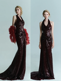 Imperial Burgundy Mermaid Halter Sequin Long Sweep Prom Dress Evening Dress HZ1023