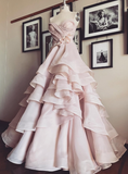 Gentle A Line Sweetheart Neck Flower Tiered Pink Tulle Long Party Dress Evening Dress HZ1023