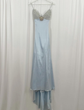 Baby Blue A Line Spaghetti Strap Sequin Satin Long Prom Dress Gown Dress HZ1023