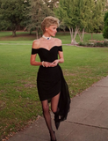 Elegant Sheath Off the Shoulder Black Chiffon Prom Dress Evening Dress HZ1023