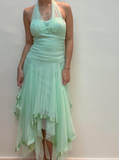 Vintage A Line Halter V Neck Ruffle Green Tulle Short Homecoming Dress Evening Dress HZ1023