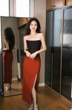 Elegant Sheath Strapless Black Red Ombre Satin Long Party Dress Wedding Guest Dress with Slit HZ1023