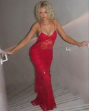 Red Spaghetti Straps Lace Beading Gorgeous Mermaid Evening Dress HZ1023