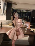 Pink Bow A Line Spaghetti Strap Satin Short Homecoming Dress Cocktail Dress HZ1023