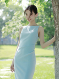 Baby Blue Sheath Round Neck Satin Prom Dress Evening Dress Party Dress HZ1023
