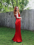 Charming Sheath Spaghetti Strap Rhinestone Red Satin Long Evening Dresses Party Dresses with Slit HZ1023