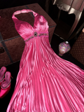 Barbie Pink A Line Halter Beaded Pleated Satin Open Back Prom Dress Evening Dress HZ1023