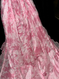 Elegant Mermaid Spaghetti Strap Pink Print Floral Beaded Chiffon Long Prom Dress Evening Dress HZ1023