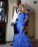 Royal Blue Satin Applique Layered Tulle Mermaid Prom Dress With Long Sleeves Gloves HZ1023