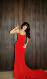 Mermaid Spaghetti Straps Red Prom Dress Wedding Guest Dresses HZ1023