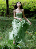 Flowy Ruffle Green A Line Spaghetti Strap Chiffon Evening Dress Party Dress HZ1023