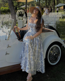 Blue Print Floral Two Piece A Line Satin Long Prom Dress Party Dress 16th Birthday Dress HZ1023