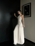 Stunning A Line Halter Lace Satin Open Back Prom Dress Evening Dress Formal Gown HZ1023