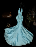 Baby Blue Mermaid V Neck Beaded Satin Long Open Back Prom Dress Evening Dress HZ1023