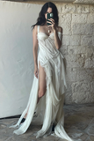 Stunning A Line Straps White Chiffon Prom Dress Evening Dress with Slit HZ1023