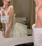 Shiny A Line Strapless White Sequin Homecoming Dress Cocktail Dress HZ1023