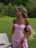 Romantic A Line Off the Shoulder Pink Print Floral Satin Vacation Dress Outfits with Slit HZ1023