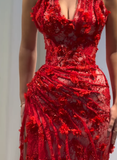 Baby Red Sheath V Neck Beaded 3D Floral Lace Prom Dress Evening Dress HZ1023