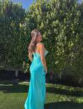 Simple Lake Blue A Line Spaghetti Strap Lace Satin Prom Dress HZ1023