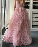 Pink Tulle Ruffles A Line Prom Dress Spaghetti Straps Formal Evening Dress HZ1023