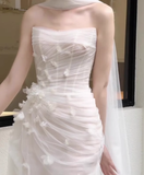 White Sheath Strapless Floral Pleated Tulle Long Prom Dress Wedding Dress HZ1023