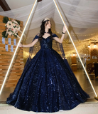 Shiny Royal Blue Ball Gown Off the Shoulder Sequin Sweet 16 Dress Party Gowns Quinceanera Dresses HZ1023