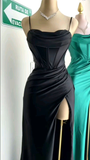 Simple Black Mermaid Floor Length Prom Dress With Slit HZ1023