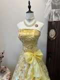 Vintage A Line Strapless Appliques Yellow Satin Organza Prom Dress Evening Dress HZ1023